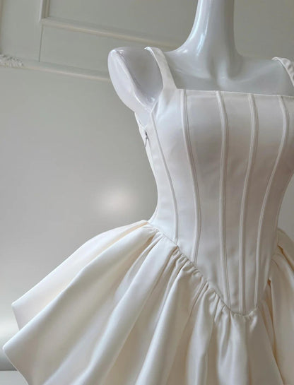 Cream White Square Neck A-Line Satin Short Prom Dress, Homecoming Dress HZ1024