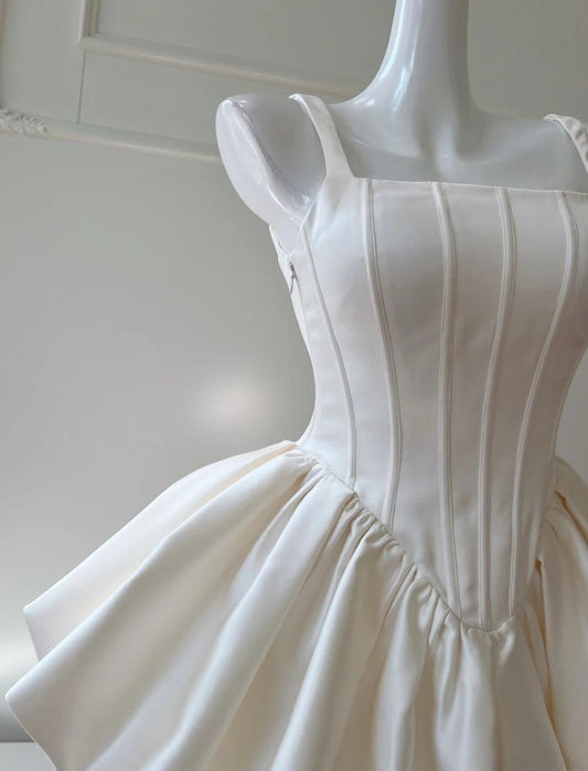 Cream White Square Neck A-Line Satin Short Prom Dress, Homecoming Dress HZ1024