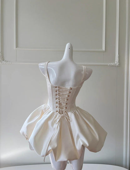 Cute Cream White Square Neck A-Line Satin Short Prom Dress, Homecoming Dress ED02438