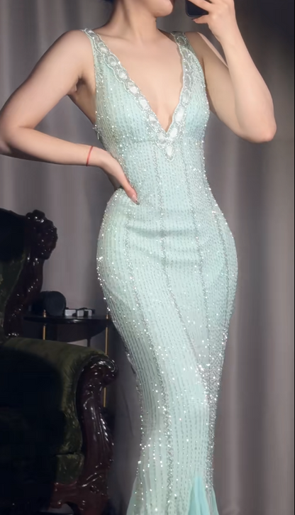 Vintage Tiffany Blue V-neck Mermaid Chiffon Beaded Ball Dress Elegant Evening Gowns ED02439