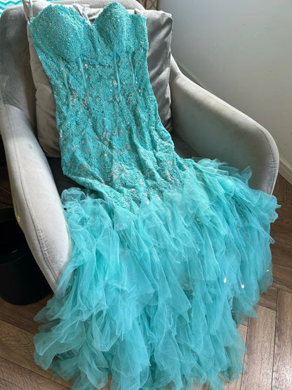 Elegant Blue Sweetheart Neck Mermaid Tulle Appliques Long Prom Dresses Formal Evening Gowns ED02442