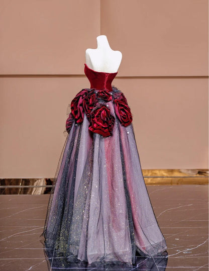 Burgundy Strapless Velvet A-Line Tulle Long Prom Dresses Unique Wedding Dress HZ1024