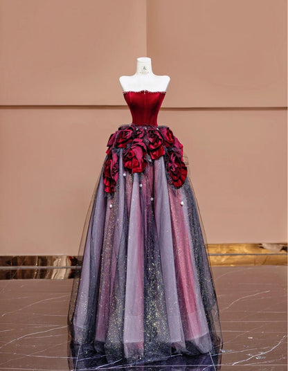 Burgundy Strapless Velvet A-Line Tulle Long Prom Dresses Unique Wedding Dress HZ1024