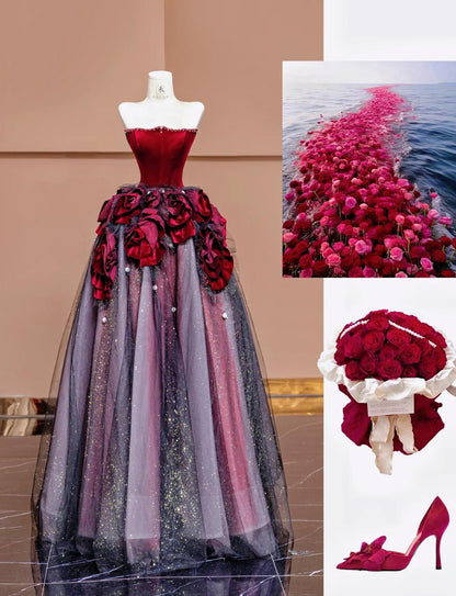 Stunning Burgundy Strapless Velvet A-Line  Tulle Long Prom Dresses Unique Wedding Dress ED02443