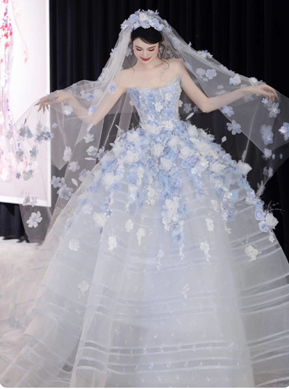 White Tulle Strapless A-Line 3D Applique Trailing Wedding Dress HZ1024
