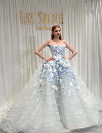 Fairytale White Tulle Strapless A-Line 3D Applique Trailing Wedding Dress ED02445