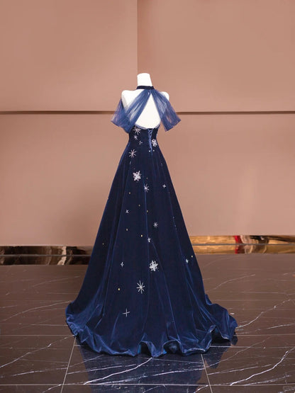 Navy Blue Sweetheart A-Line Velvet Long Prom Dresses Formal Evening Dresses HZ1024