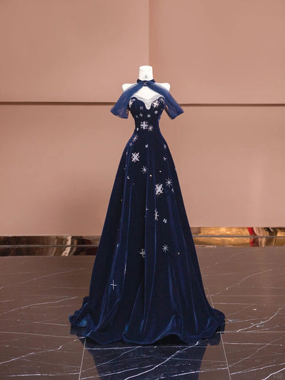 Navy Blue Sweetheart A-Line Velvet Long Prom Dresses Formal Evening Dresses HZ1024