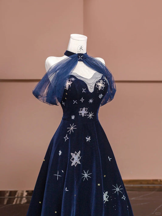 Elegant Navy Blue Sweetheart A-Line Velvet Long Prom Dresses Formal Evening Dresses ED02446