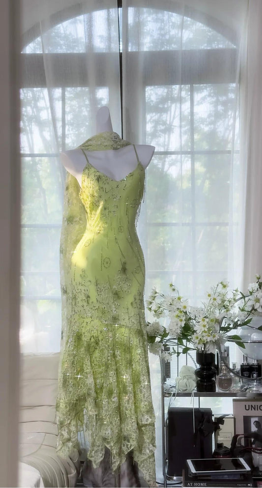 Gorgeous Green Spaghetti Straps Mermaid Chiffon Beaded  Prom Dresses Vintage Party Dress ED02447