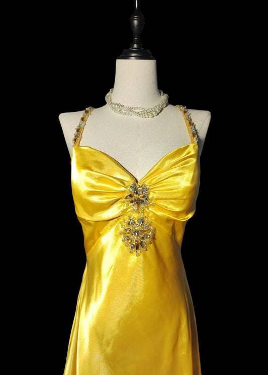Bright Yellow V Neck Mermaid Satin Beading Long Prom Dresses Backless Formal Evening Gowns HZ1024