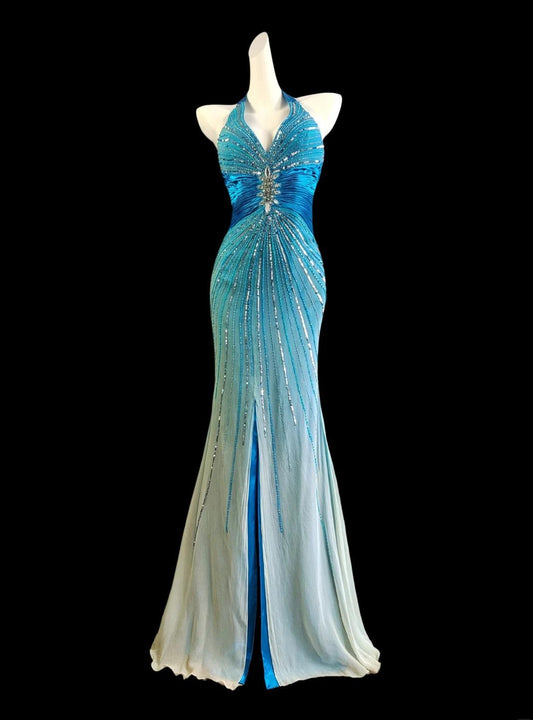 Glam Blue V-neck Mermaid Chiffon Beading Open Back Prom Dresses Formal Evening Gowns ED02451