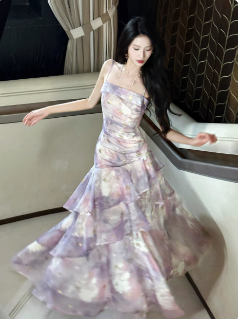 Fairytale Purple Spaghetti Straps A-Line Chiffon Prom Dresses Evening Gowns with Ruffles ED02452