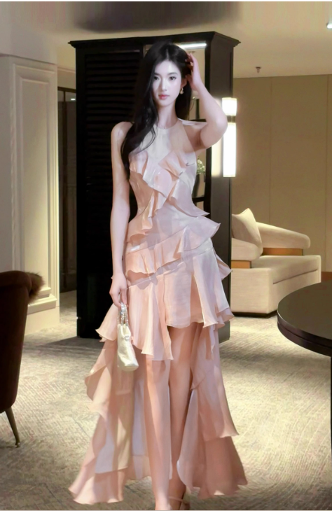 Peach Halter Neck A-Line Chiffon Layered Prom Dresses Fashion Birthday Evening Dress Gowns HZ1024