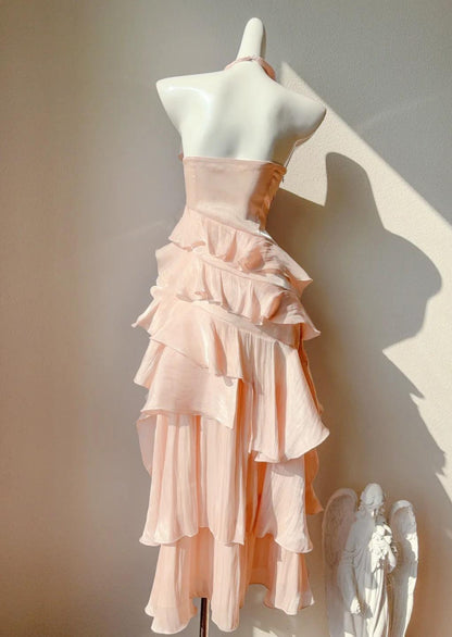 Sweet Peach Halter Neck A-Line Chiffon Layered Prom Dresses Fashion Birthday Evening Dress Gowns ED02455