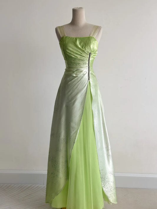 Green Square Neck A-Line Satin Sequins Prom Dresses Vintage Tulle Party Dress HZ1024