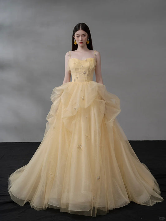 Light Orange Spaghetti Straps A-Line Tulle Long Prom Dresses Gorgeous Wedding Dress with Rhinestones HZ1024