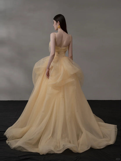 Glitter Light Orange Spaghetti Straps A-Line Tulle Long Prom Dresses Gorgeous Wedding Dress with Rhinestones ED02460
