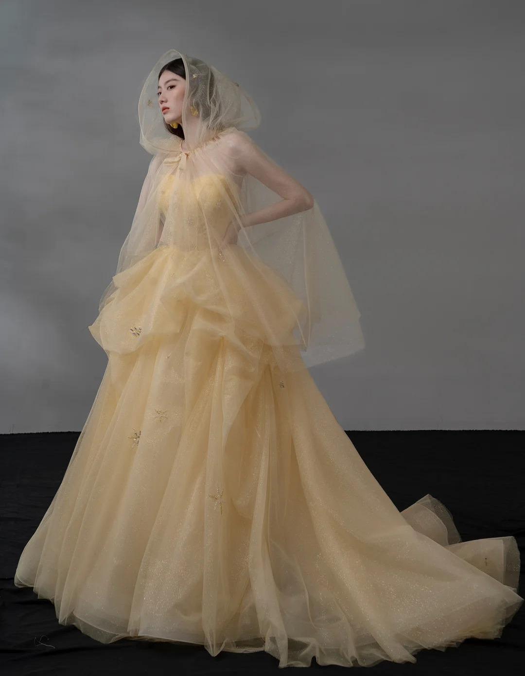 Light Orange Spaghetti Straps A-Line Tulle Long Prom Dresses Gorgeous Wedding Dress with Rhinestones HZ1024