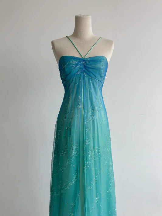 Gorgeous Gradient Turquoise Satin Chiffon Sheath Prom Dresses Vintage Formal Evening Gowns ED02461