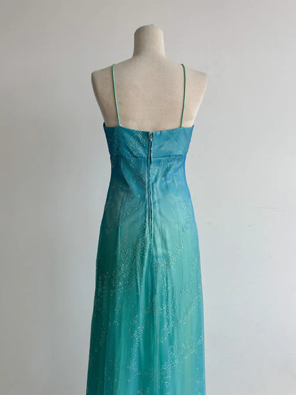 Gorgeous Gradient Turquoise Satin Chiffon Sheath Prom Dresses Vintage Formal Evening Gowns ED02461