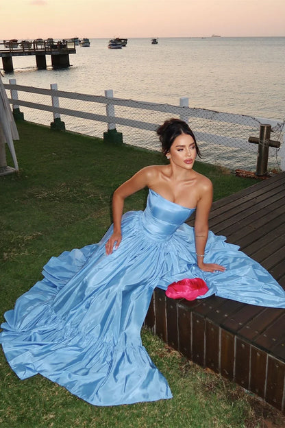 Fashion Blue Strapless A-Line Satin Prom Dresses Elegant Formal Evening Gowns ED02462