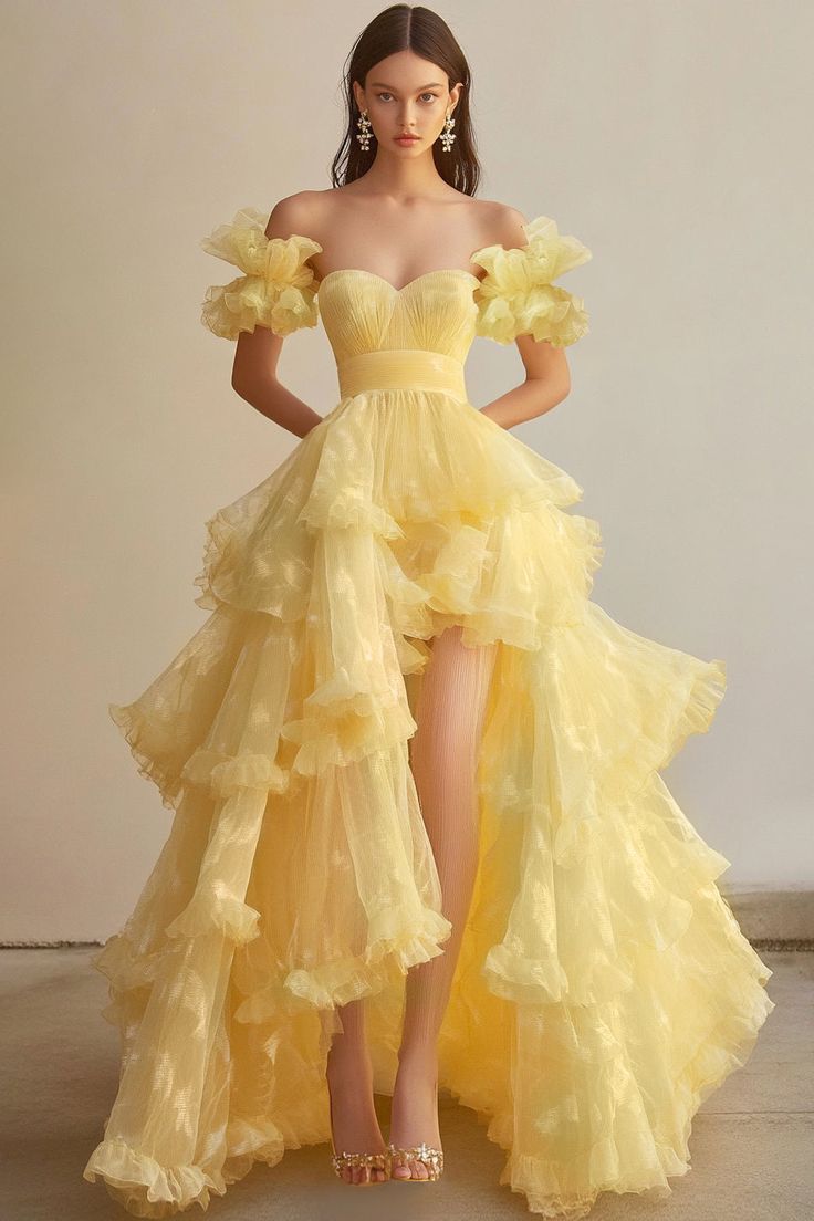Butter Yellow Sweetheart Neck A-Line Tulle Long Prom Dresses Formal Evening Gowns HZ1024