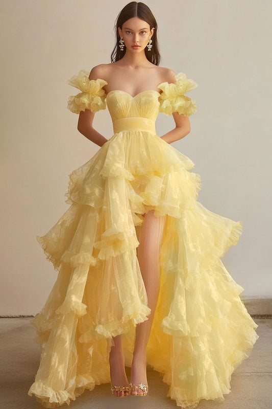 Butter Yellow Sweetheart Neck A-Line Tulle Long Prom Dresses Formal Evening Gowns HZ1024