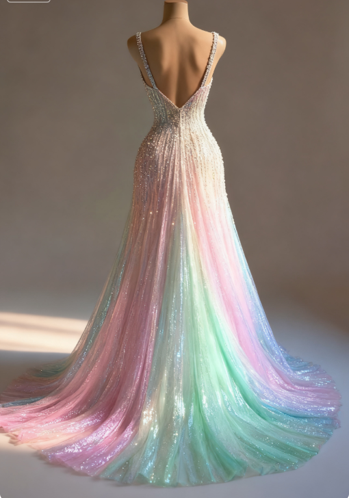 Stunning Colorful V-Neck A-Line Sequined Tulle Long Prom Dresses ED02473