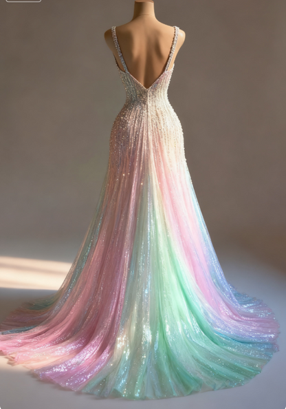 Stunning Colorful V-Neck A-Line Sequined Tulle Long Prom Dresses ED02473