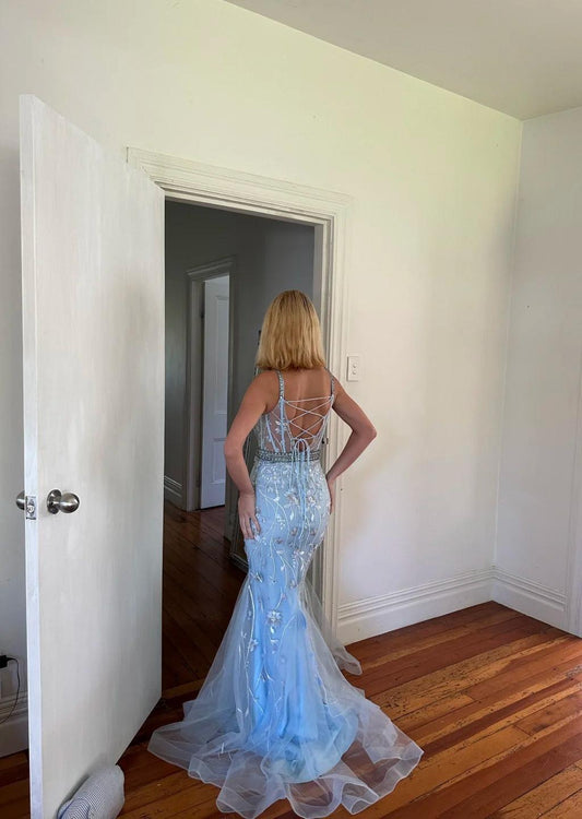 Elegant Gray Blue Spaghetti Straps Mermaid Tulle Long Prom Dresses Backless Applique Evening Gowns ED02474