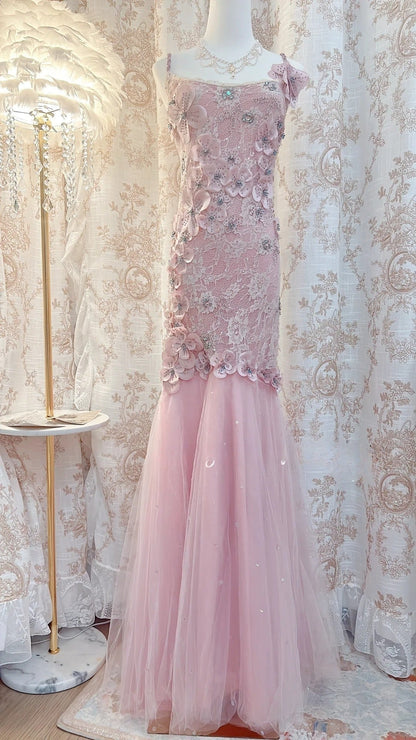 Pink Square Neck Mermaid Tulle Lace Long Prom Dresses Vintage Evening Dresses with Appliques HZ1024