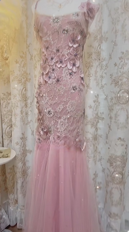 Pink Square Neck Mermaid Tulle Lace Long Prom Dresses Vintage Evening Dresses with Appliques HZ1024