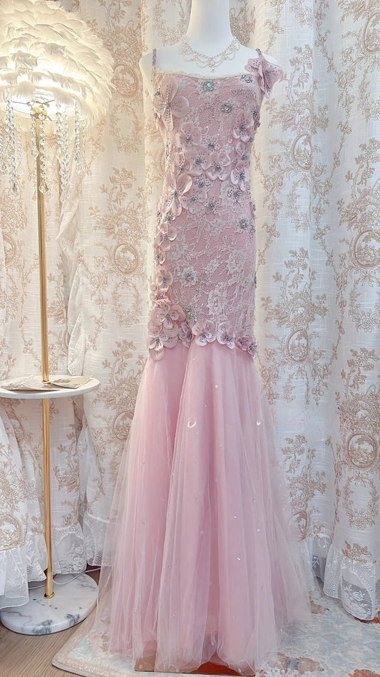 Sweet Pink Square Neck Mermaid Tulle Lace Long Prom Dresses Vintage Evening Dresses with Appliques ED02475