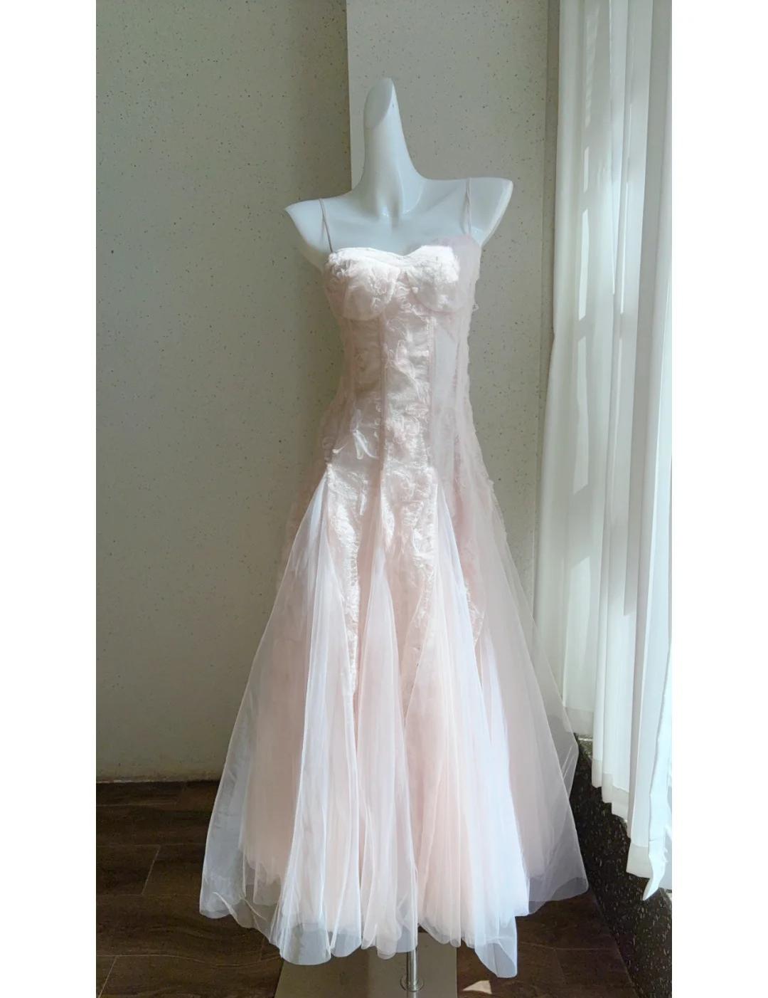 Pink Spaghetti Straps A-Line Tulle Long Prom Dresses Birthday Evening Dress Gowns HZ1024