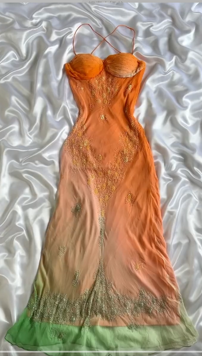 Vintage Gradient Orange Spaghetti Straps Chiffon Lace Sheath Prom Dresses Elegant Evening Dress Gowns ED02478
