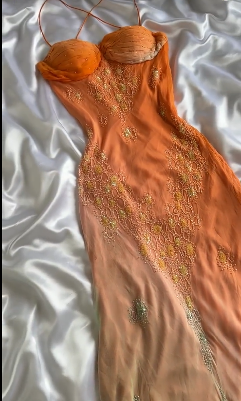 Vintage Gradient Orange Spaghetti Straps Chiffon Lace Sheath Prom Dresses Elegant Evening Dress Gowns ED02478