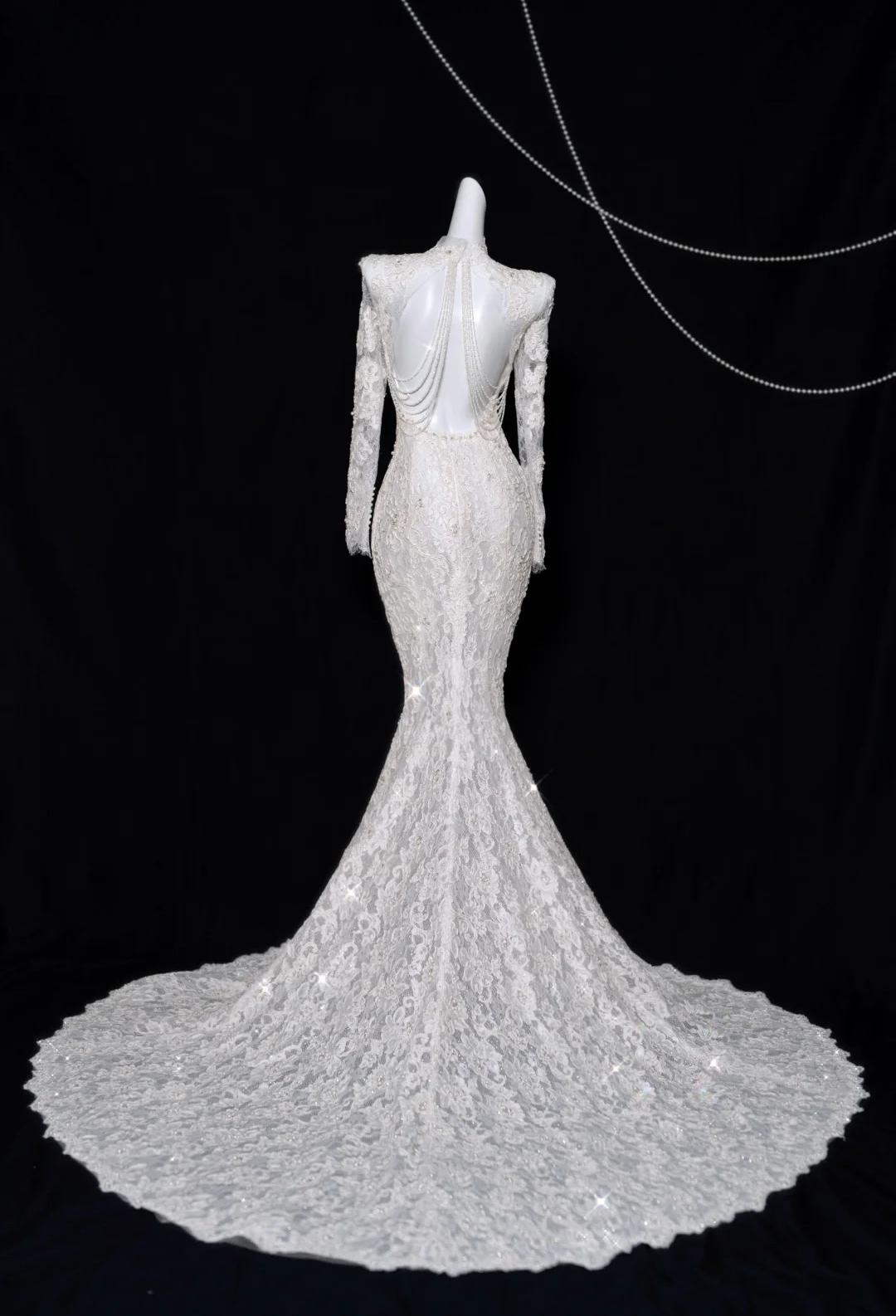White Turtleneck Lace Beaded Mermaid Long Sleeve Trailing Wedding Dress HZ1024