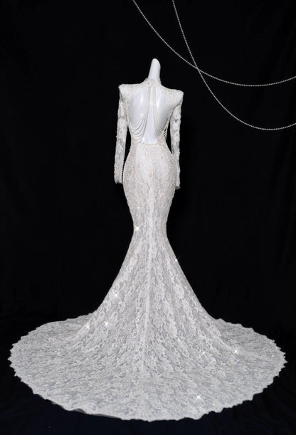 White Turtleneck Lace Beaded Mermaid Long Sleeve Trailing Wedding Dress HZ1024