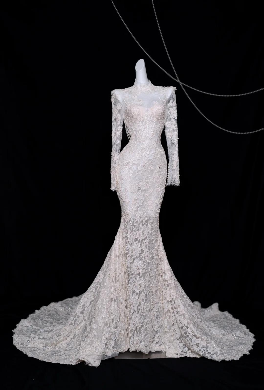 White Turtleneck Lace Beaded Mermaid Long Sleeve Trailing Wedding Dress HZ1024
