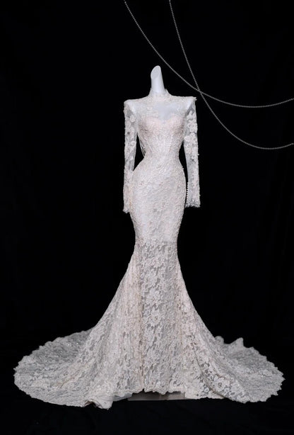White Turtleneck Lace Beaded Mermaid Long Sleeve Trailing Wedding Dress HZ1024