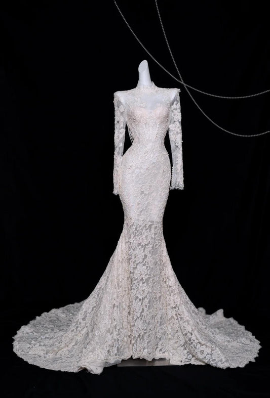 Elegant White Turtleneck Lace Beaded Mermaid Long Sleeve Trailing Wedding Dress ED02479
