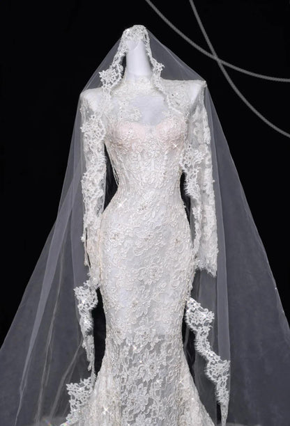 White Turtleneck Lace Beaded Mermaid Long Sleeve Trailing Wedding Dress HZ1024