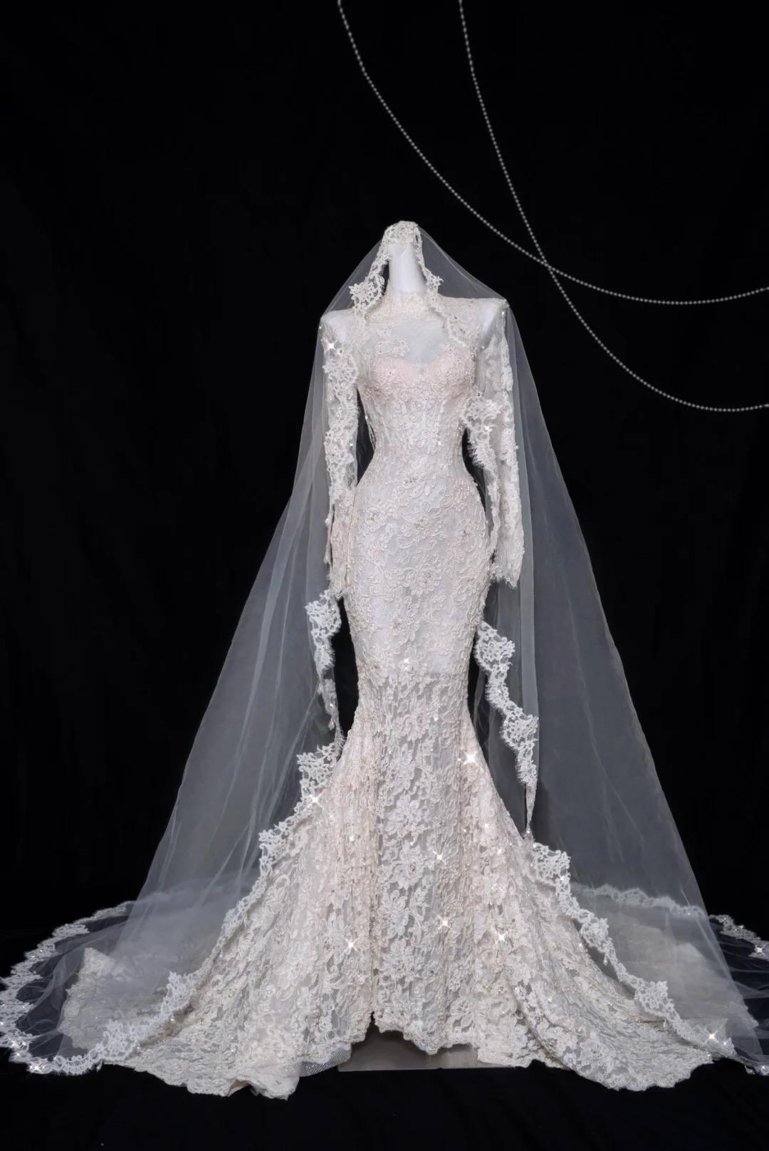 Elegant White Turtleneck Lace Beaded Mermaid Long Sleeve Trailing Wedding Dress ED02479