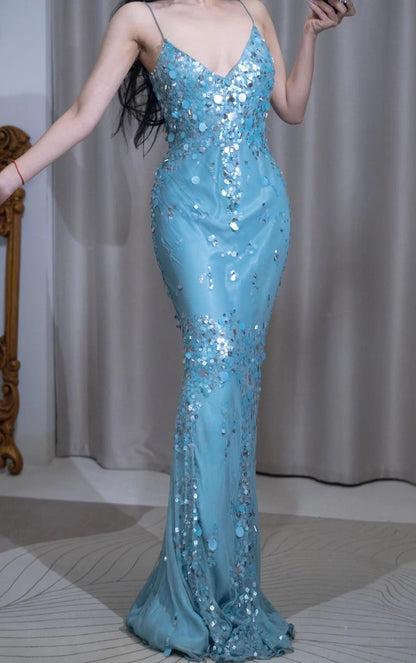 Elegant Blue Mermaid V Neck Satin Sequin Long Prom Dresses Formal Evening Gowns ED02481