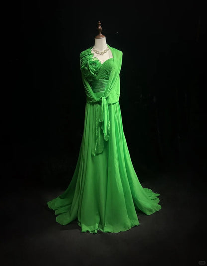 Bud Green A-Line Chiffon Long Prom Dresses Vintage Formal Evening Gowns HZ1024