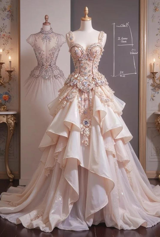 Stunning Light Champagne Sweetheart Neckline A-Line Tulle Beaded Long Prom Dresses Princess-like Evening Gowns ED02483