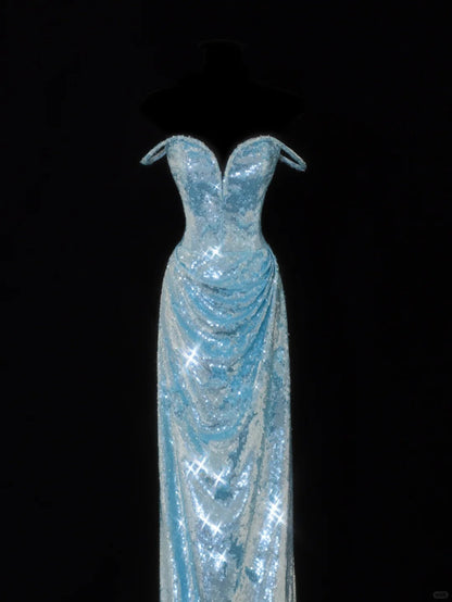 Glam Tiffany Blue Off Shoulder Sheath Sequin Long Prom Dresses Formal Evening Gowns ED02484
