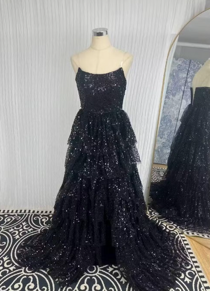 Black Strapless A-Line Sequin Slit Long Prom Dresses Formal Evening Gowns HZ1024