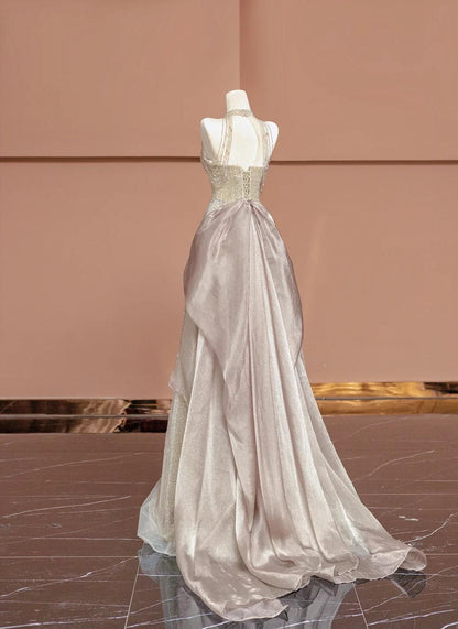 Champagne V-neck A-Line Beaded Tulle Long Prom Dresses Formal Evening Gowns HZ1024